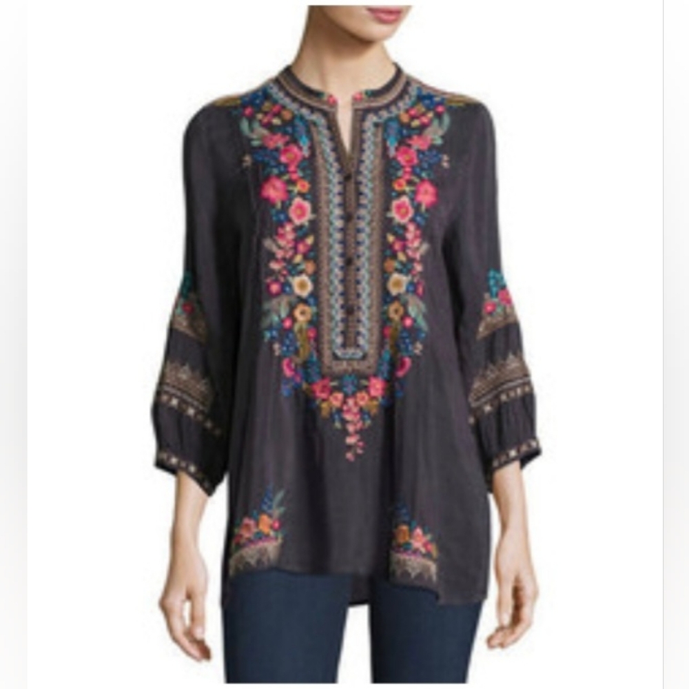 JOHNNY WAS "SARABETH" Embroidered 3/4 Sleeve In Black Tunic Top XS